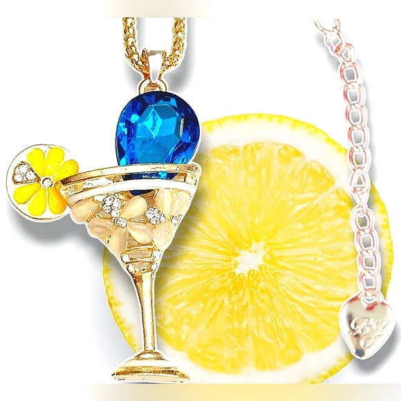 Gold plated blue and white crystal lemon martini glass necklace - Picture 1 of 16